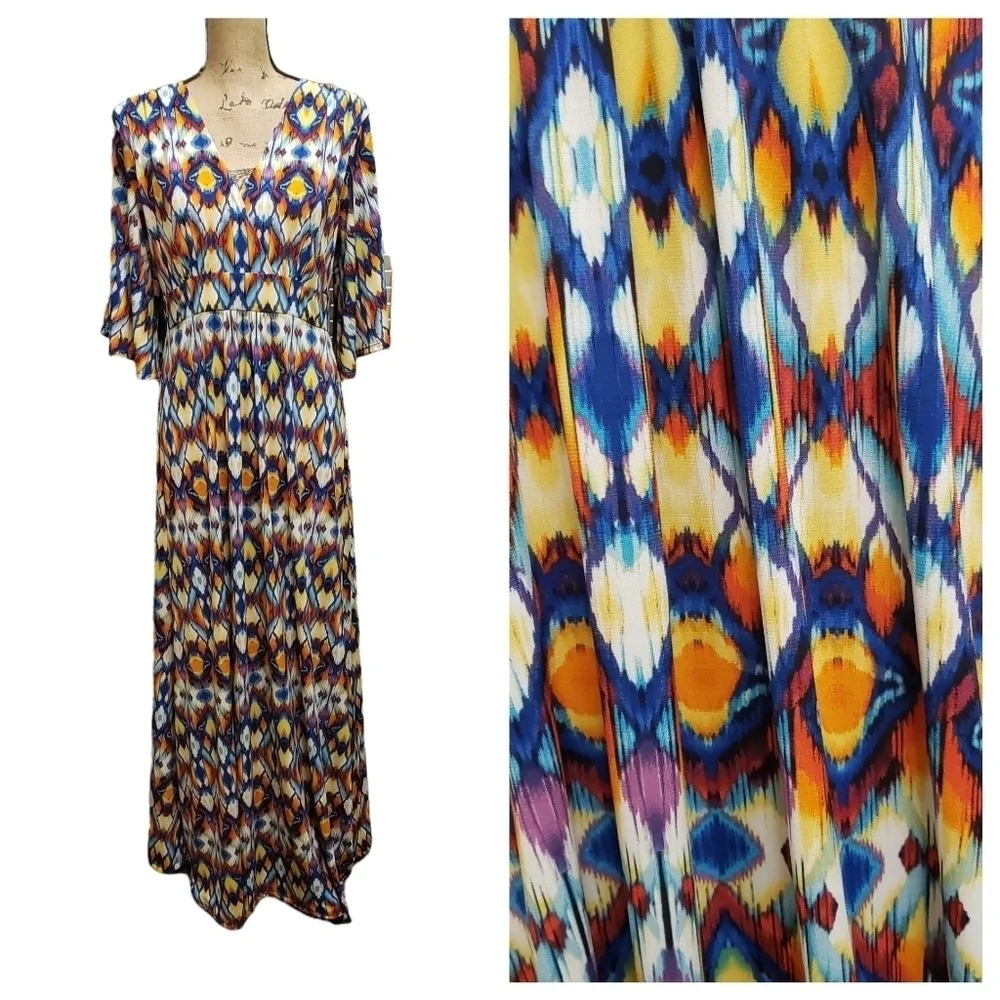 VENUS Multi-color Maxi Dress Cold Shoulder Elbow Length Flutter Sleeve - Picture 10 of 13